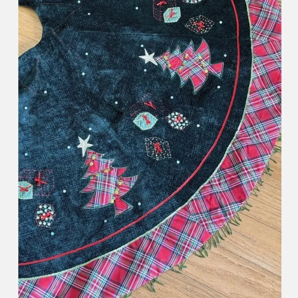 Christmas Tree Skirt Green Velvet Beaded Embroidered Fringe Large 47